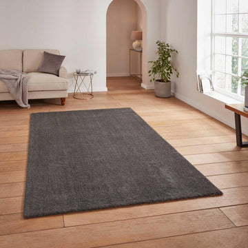 Washable Kara Modern Plain Tonal Shimmer Soft-Touch Textured Eco-Recycled Polyester Sleek Low Profile Shaggy Pile Charcoal Rug-Think Rugs-Rug Love - The Most Loved Rug Store